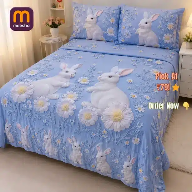 3D Rabbit Floral Plush Bed Sheet Set with Pillow Covers